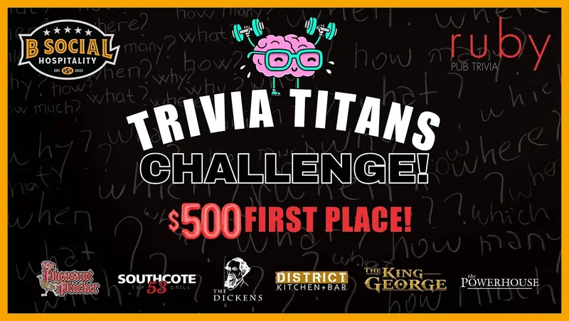 Trivia Titans Challenge: original B Social and Ruby Pub Trivia artwork with the brain mascot and six participating restaurants