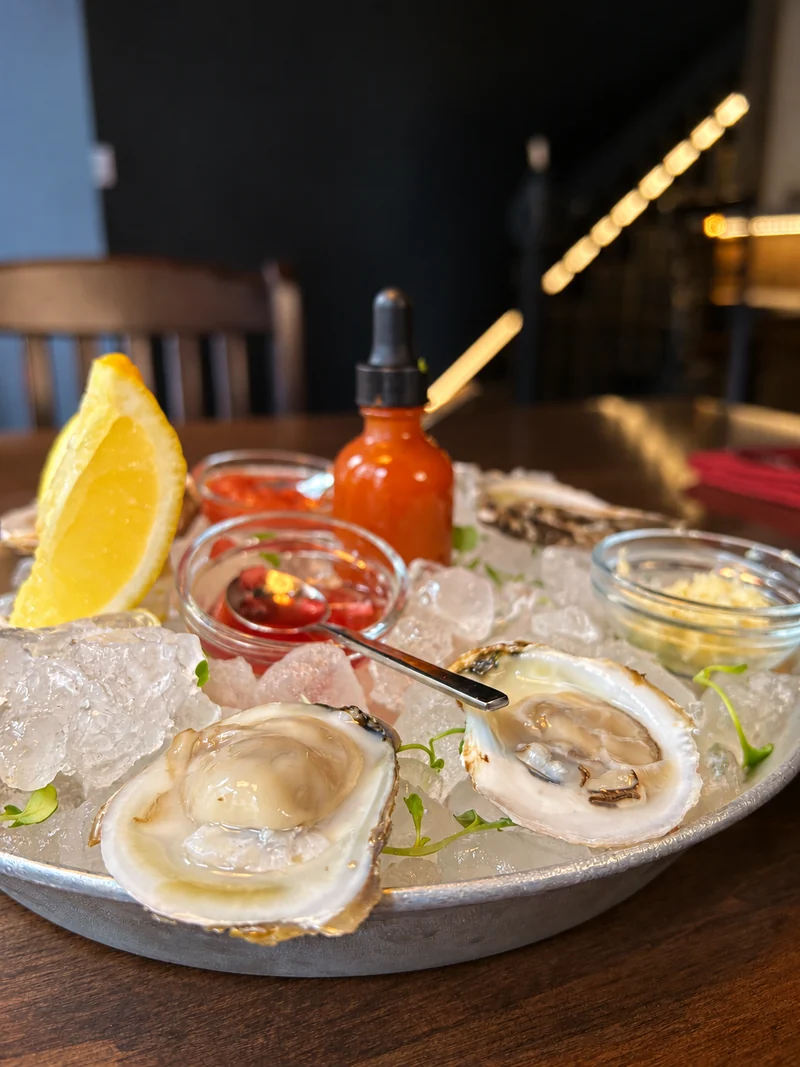 Fresh oysters on ice photographed at B-Side Social