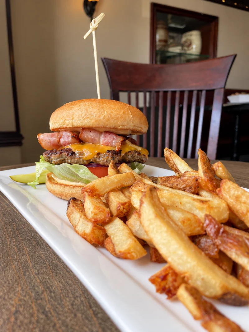 The Dickens Burger and fries photographed at The Dickens