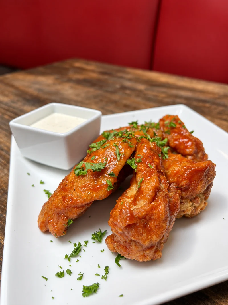 Eatery Wings and house blue cheese photographed at The James