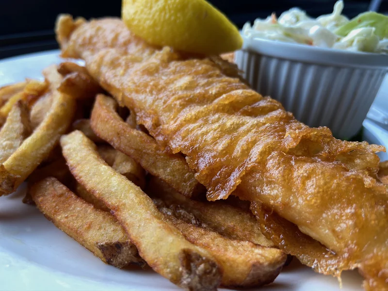 District Kitchen + Bar fish and chips with lemon and slaw